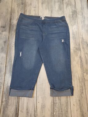 just be Women's Blue Rolled-Cuff Distressed Cropped Pull On Jeans sz XL